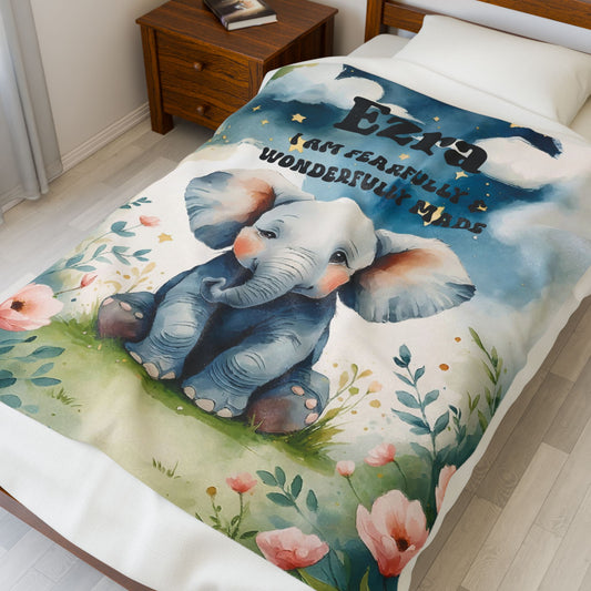 Custom Baby Elephant Plush Blanket, I Am Fearfully & Wonderfully Made