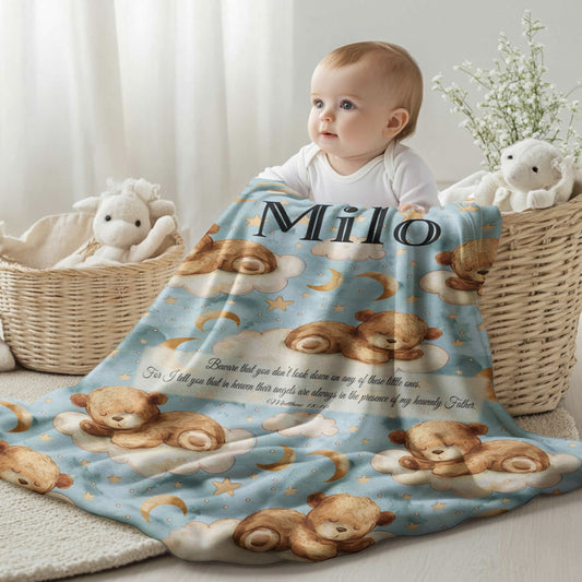 Personalized Sleeping Teddy Bears Blanket, Matthew 18:10