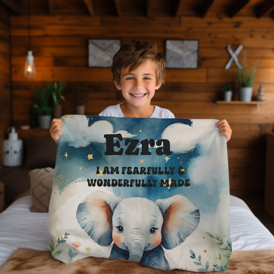 Custom Baby Elephant Plush Blanket, I Am Fearfully & Wonderfully Made